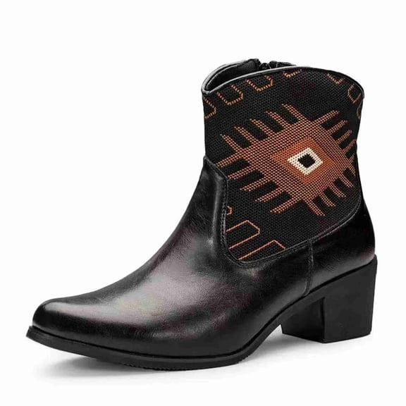 Men's Western Ankle Boots, Leather & Fabric Short Cowboy Boots with Ethnic Print & Side Zipper, Black & Brown