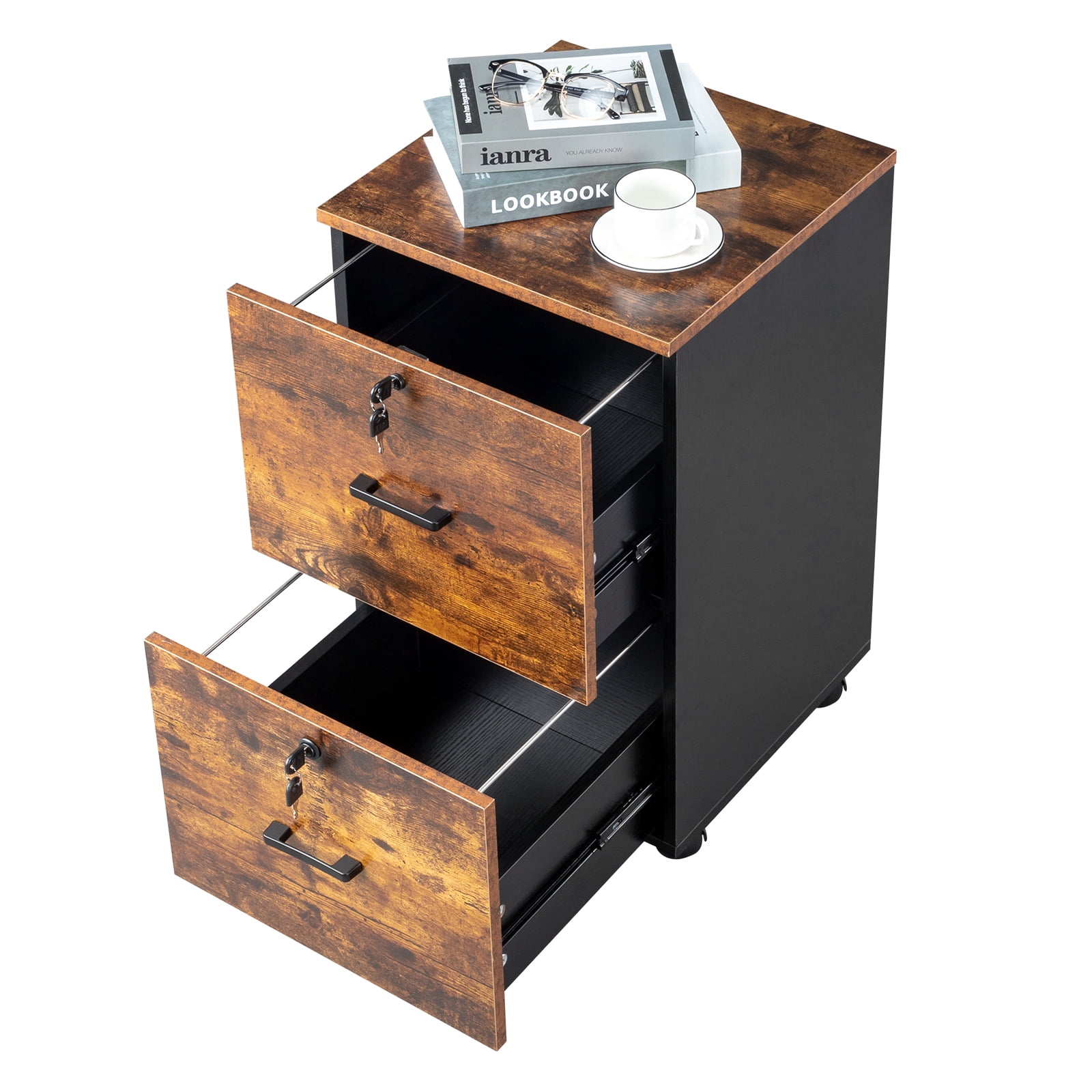 2-Drawer File Cabinet, Mobile Under Desk Storage Cabinet with Lockable Casters, Full Extension Drawer Slides, P2 Wood Office Filing Cabinet for Home Office Kitchen