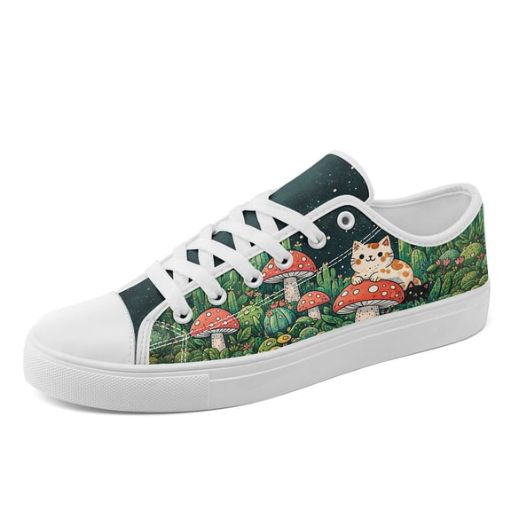 Coolcustomize Women Mushroom & Pet-Themed (Green/Red/White/Black) Sneakers, Magical Forest Casual Shoe with Round Toe, Lightweight Low-Top Plus Size Canvas Shoes for Themed Outfits & Casual Attire