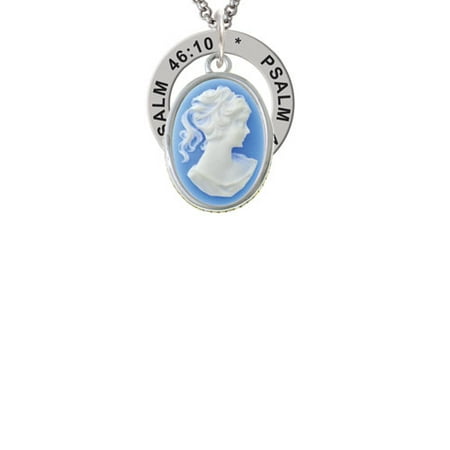 Oval Agate Cameo Pendant - Silvertone Small Blue Oval Cameo Psalm 46:10 Affirmation Ring Necklace
