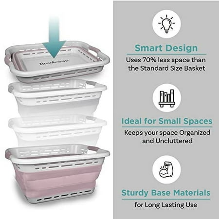 Brookstone 11 Gallon Collapsible Plastic Laundry Basket, Portable Pop-up Hamper, Foldable Storage Container, Washing Tub, Pink