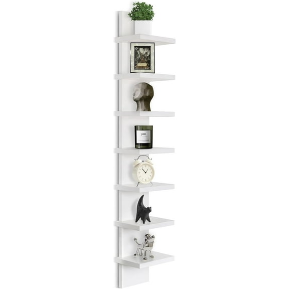 Small 7 Tier Vertical Wall Shelf for Home Decor & Makeup Vanity - White Narrow Display Storage Shelf for Small Spaces, Decorative Vanity Shelf