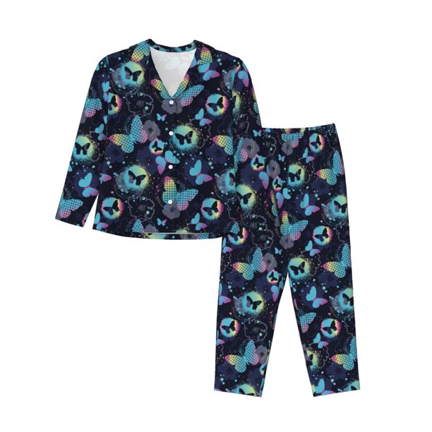 Fotbe Blue Butterfly Conjunto de Pijama de Manga Larga para Mujer con Estampado, Ropa de Dormir de 2 Piezas, Conjunto de Casa Suave y Cómodo con Bolsillos-Medium