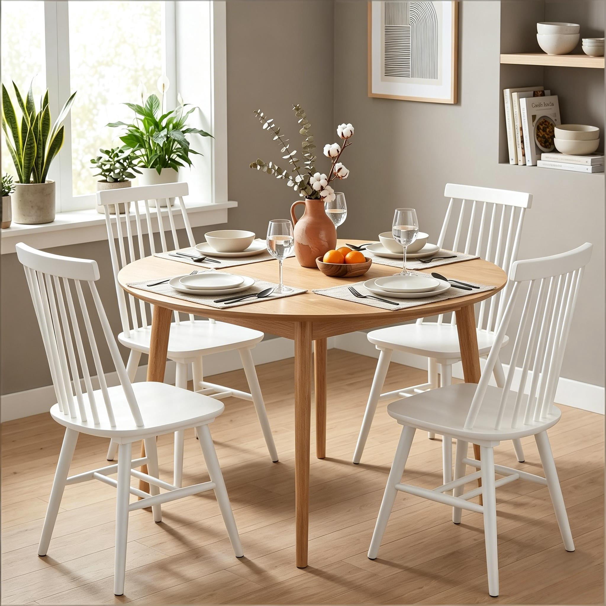 Windsor Dining Chairs Set of 4, Solid Wood Back Kitchen Chairs, Classic Farmhouse Dining Room Chairs for Kitchen, Dining Room, Living Room（White）