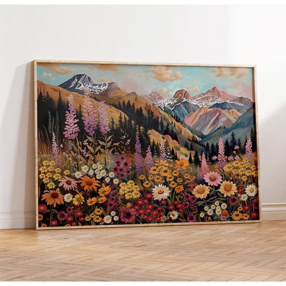 Mountain Wildflower Landscape Art Poster, Boho Mountain Landscape Wall Art Colorful Flower Field Art, Spring Meadow Field Home Decor, 8x12 UNFRAMED