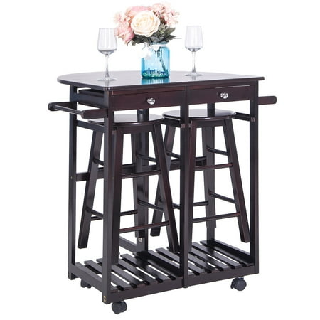 Stool For Kitchen Island Kitchen Island with Drop Leaf Table, Folding kitchen Island Cart with Bar Stools, Rolling kitchen Trolley Cart Set with 2 Storge Drawers and 2 Stools, Space Saving Wood Kitchen Breakfast Cart, I9867 ()