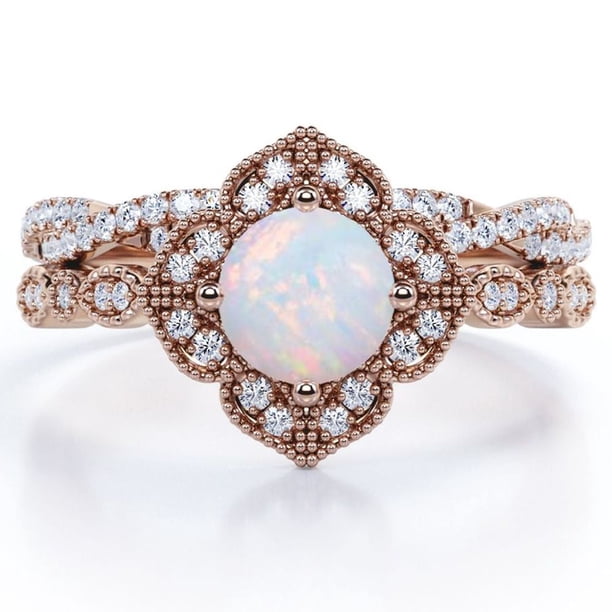 JeenMata Anillo Nupcial con Diseño de Flores Milgrain Estilo Art Déco de 1,5 Quilates con Pavé Cruzado de Moissanita y Ópalo Arcoíris en Forma Redonda Engastado en Oro Rosa de 18 K sobre Plata