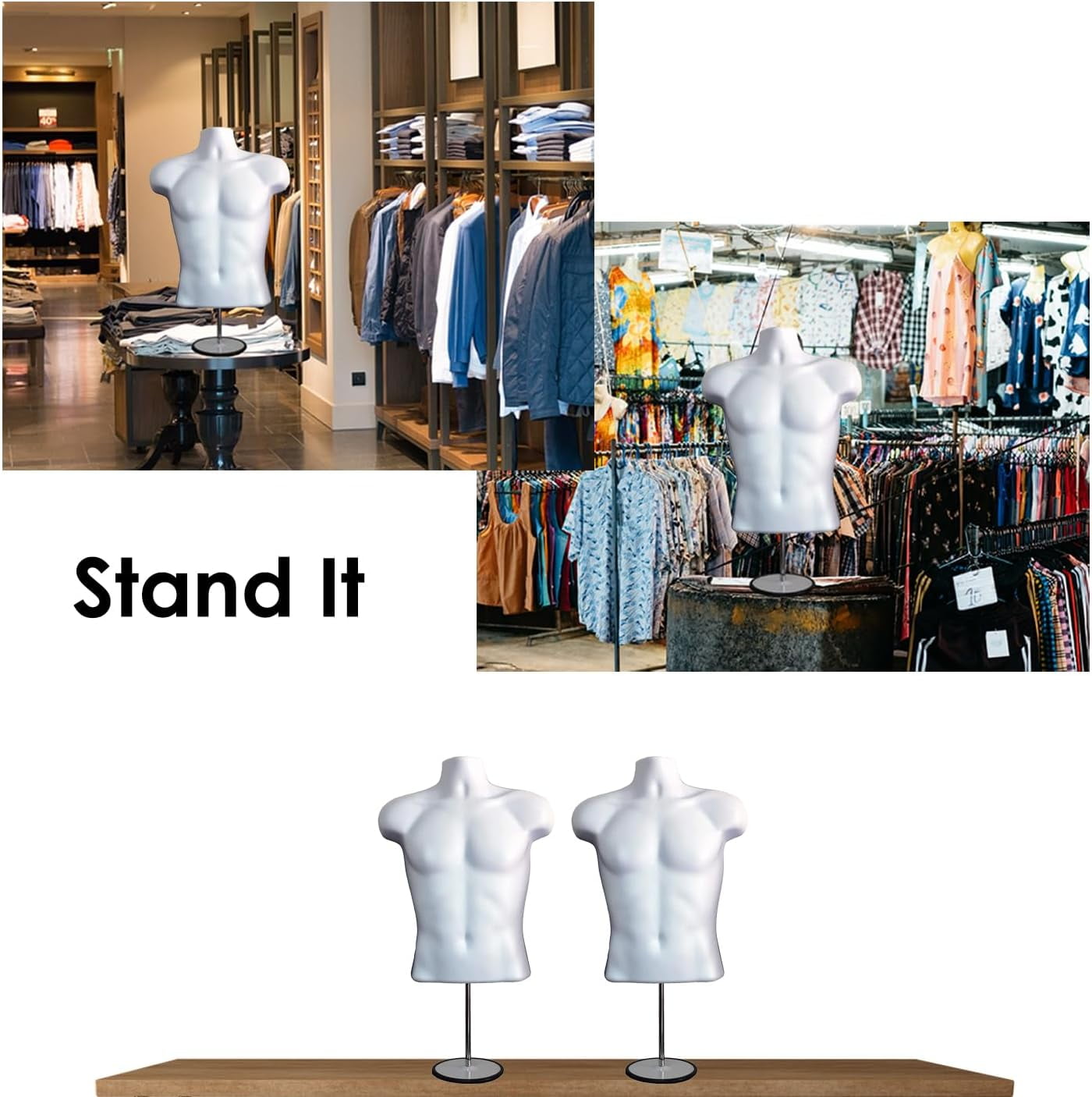 DisplayTown 2 Pack White Male Mannequins Hollow Back Body Torso w/ Metal Stands with Metal Pole & Hanging Hook for Tshirt Display, S-M Sizes