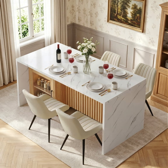 Hawsaiy 5 Piece Dining Table Set for 4, 63" Faux Marble Kitchen Table with LED Lights & Storage Cabinet and 4 Upholstered Dining Chairs, Modern Rectangular Dining Room Furniture Set, White