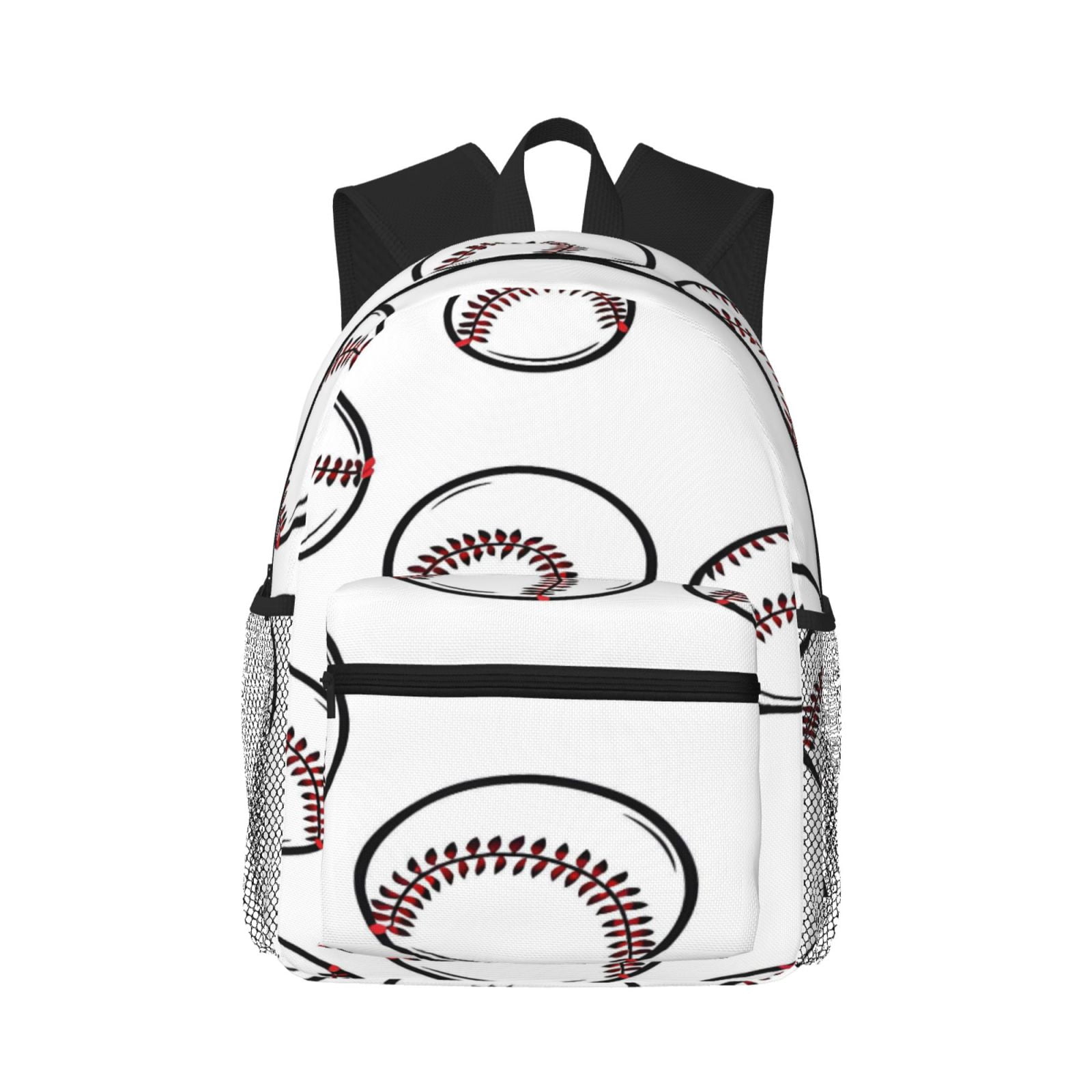 Casual Backpack Water Resistant Lightweight Daypack For Work Travel Hiking Camping Laptop Compartment & Side Mesh Pockets White Baseballs With Classic Red Stitching