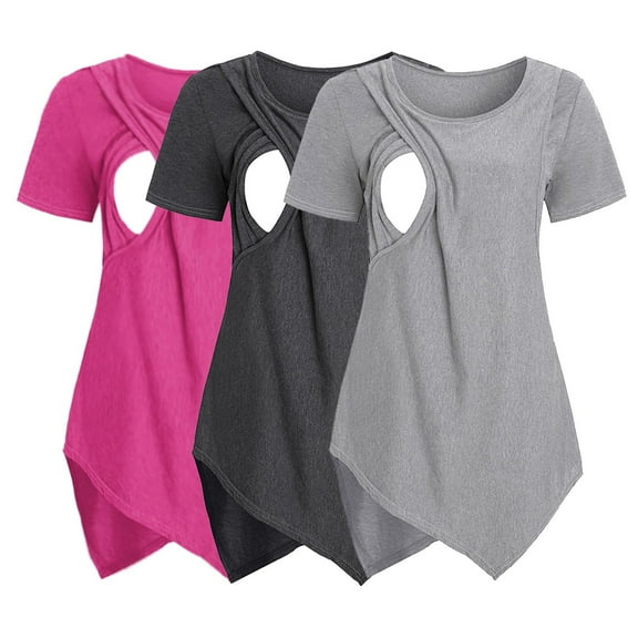 Gunia Womens Maternity Shirt Nursing 3 Pack Short Sleeve Crew Neck Solid Color Asymmetrical Nursed Tops T Shirt For Breastfeeding Pregnancy Breathable Loose Streetwear