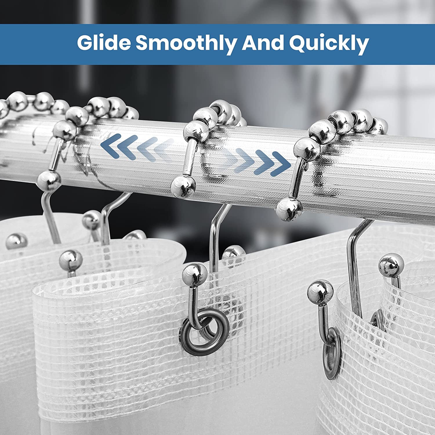 Double Glide Roller Shower Curtain Hooks, Double Sided Rings, Rust Proof Shower Curtain Hooks, Chrome