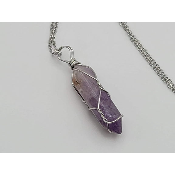 Silver Wire Wrapped Amethyst Point Necklace Genuine Handmade