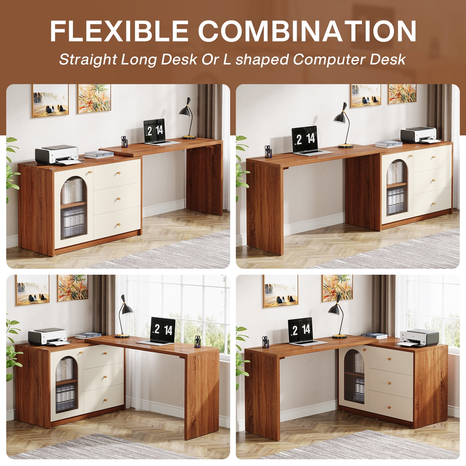 Tribesigns L Shaped Computer Desk with Drawers, Modern Corner Home Office Desk with Reversible Storage Cabinet, Rustic Brown & White, 1 Count