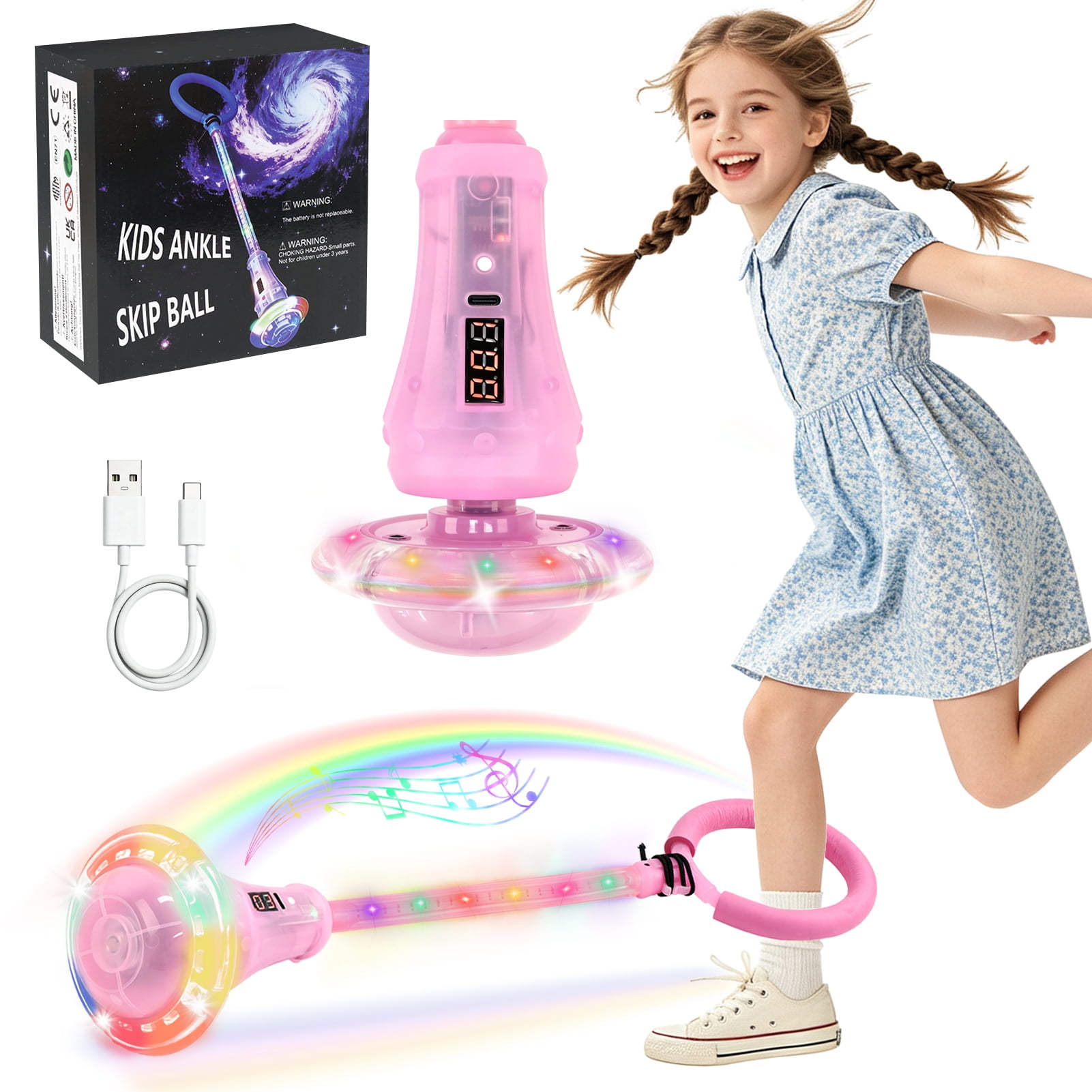 KiddiTouch Skip Ball for Kids,Rechargeable Skip It Toy with Counter and Flashing Lights,Ankle Skip Ball Toys with Wireless Bluetooth,Colorful Light Up Wheel and Rod,Outdoor Toys Birthday Gifts