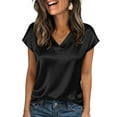 thumbnail image 3 of Fgvctg Satin Blouses For Women Silk Fancy Cap Short Sleeve Top V Neck Shirts Dressy Casual Business Work Outfits Black 2XL, 3 of 5