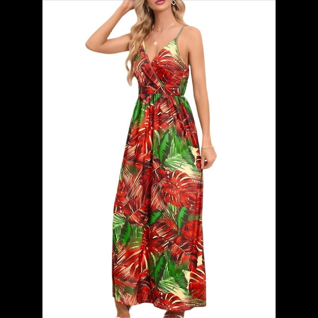 Vestido de Verano 2025 para Mujer, con Estampado Floral, Lazo Frontal, Tirantes Finos, Informal, Bohemio, para Playa, Suelto, Rojo, XL