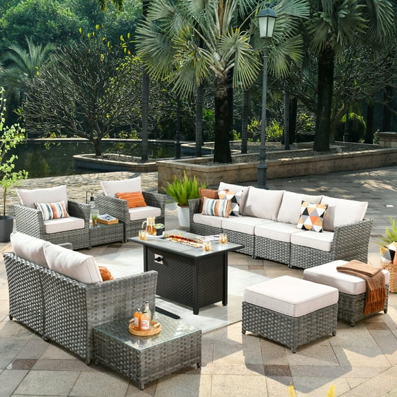 Vcatnet Patio Furniture Sets with 42" Fire Pit Table 13 Pieces Sectional Sofa All Weather PE Rattan Wicker Conversation Set with Ottoman for Porch, Backyard, Beige