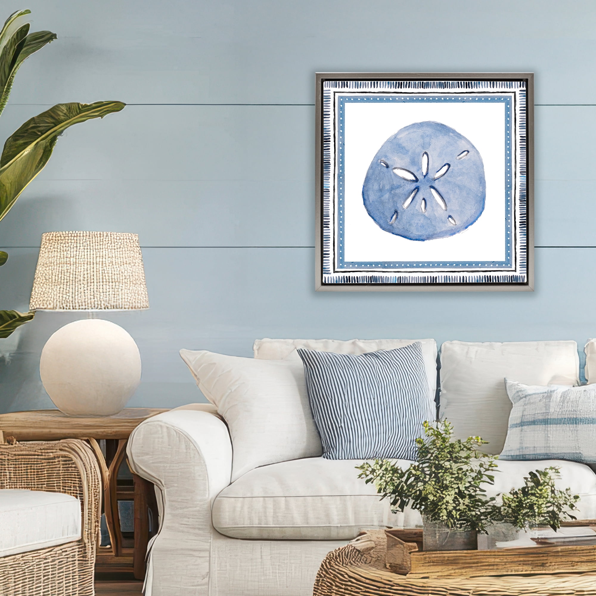 Stupell Industries Blue Bordered Sand Dollar Gray Framed Floater Canvas Wall Art, design by Lanie Loreth