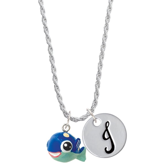 Delight Jewelry Resin Blue Fish with Pink Polka Dots Silvertone Script Initial Disc - J - Charm Necklace, 20"+3"