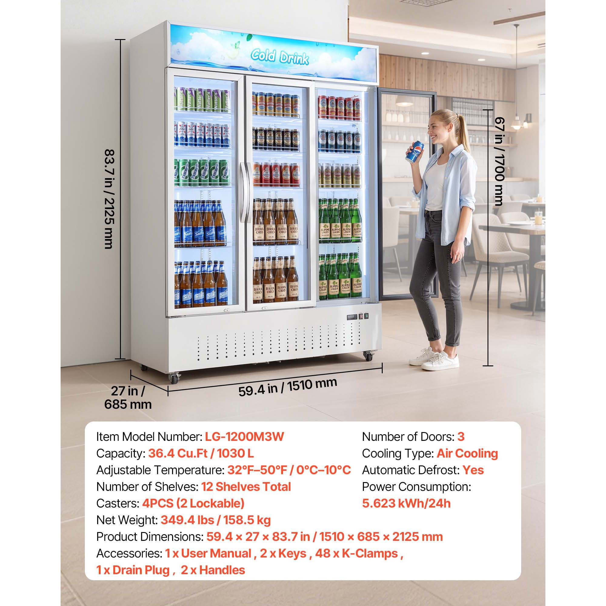 KFFKFF Commercial Merchandiser Refrigerator, 36.4 Cu.Ft / 1030L Upright Beverage Cooler, 3 Glass Door Display Fridge with Customizable Lightbox, 12 Adjustable Shelves, LED Lighting & Casters