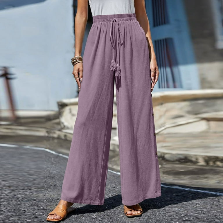 YWDJ Linen Pants for Women High Waist Beach High Waist High Rise Trendy  Casual Long Pant Pants Solid Color Comfortable Button Decoration A Popular