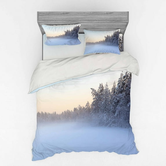 Ambesonne Winter Bedding Set 4 Pcs, Frozen Lake in Woods, Queen, White Green