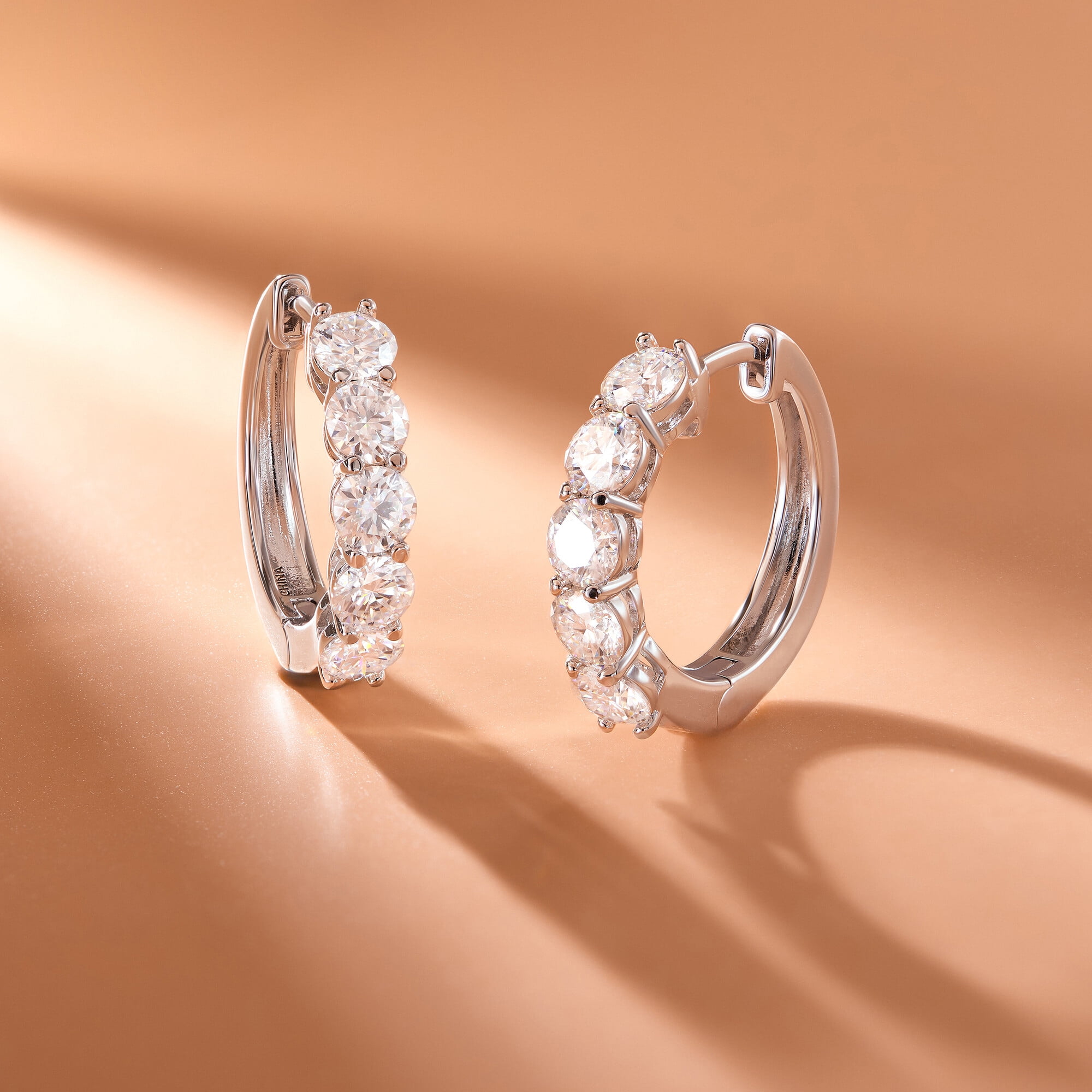 Forever Facets Moissanite Hoop Earrings in Rhodium Plated Sterling Silver, Adult Female