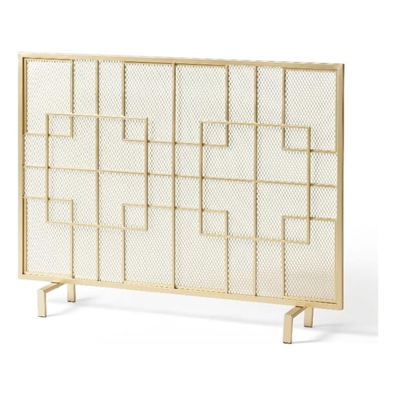 Benjara 31x41 Fireplace Screen- Overlapping Square Design- Classic Gold Iron
