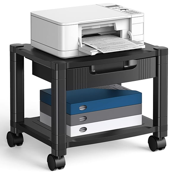 HUANUO Printer Stand with Cable Management and Storage Drawer, Printer Table with Locking Wheels, 14.1-inch Maximum Height Printer Cart for Under Des