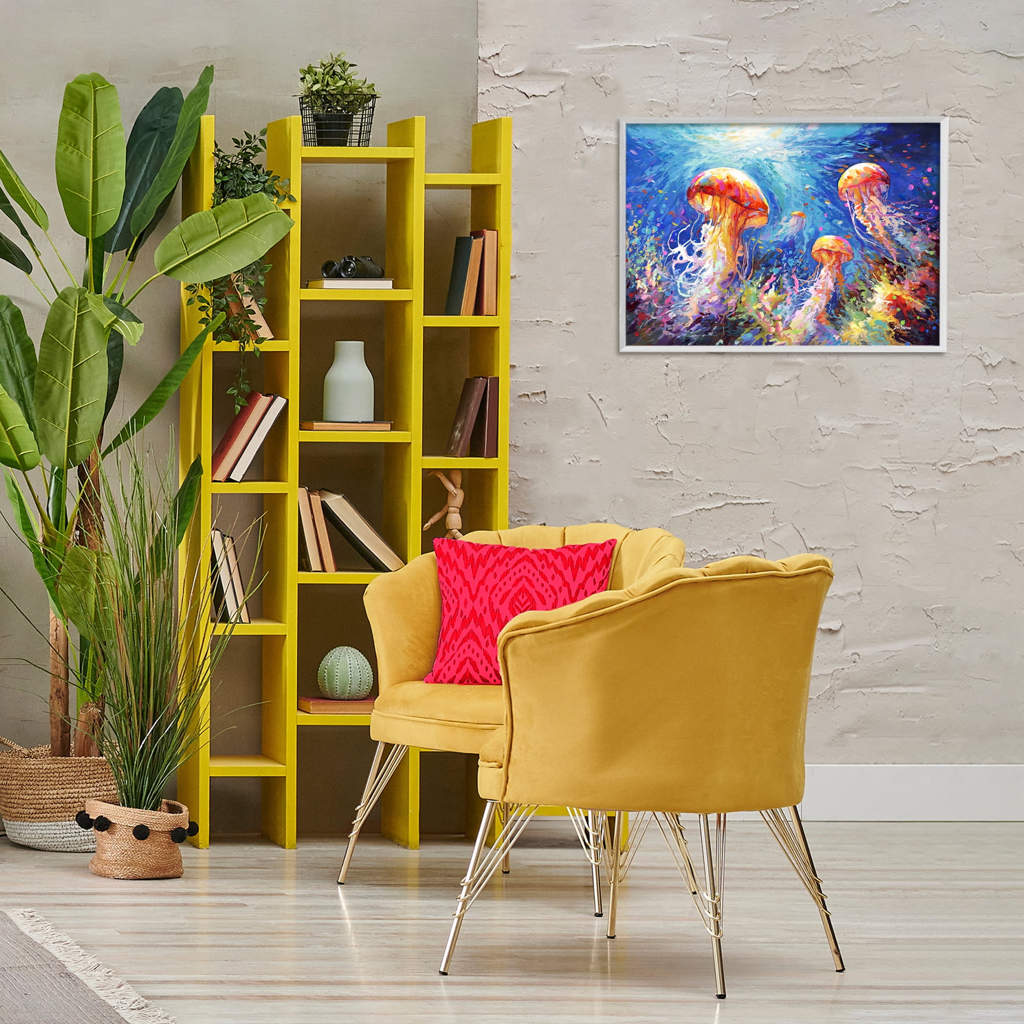 Stupell Industries Jellyfish Serenade Underwater Animals & Insects Painting White Framed Art Print Wall Art, 24 x 16