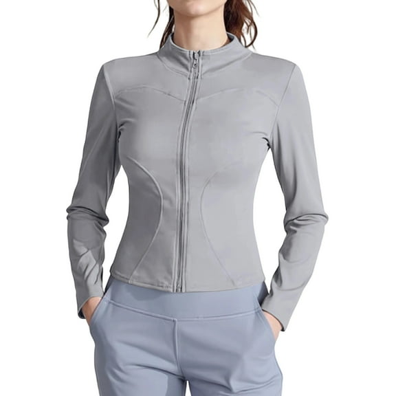 Women Cropped Workout Jackets Full Zip Slim Fit Athletic Jackets Thumb Holes Running Jacket Gray 2XL