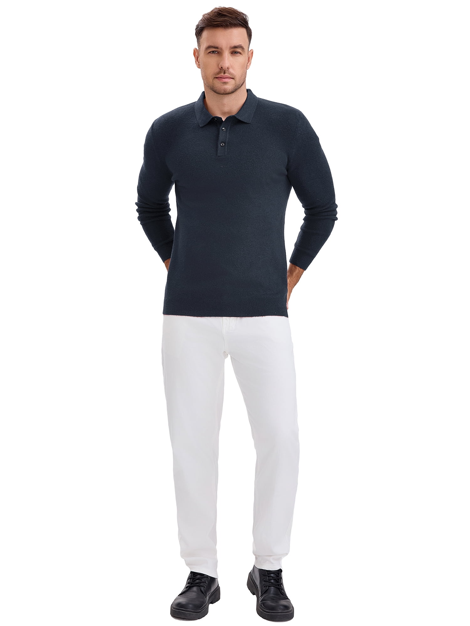 DARING DIVA Men's Long Sleeve Pullover Business Knitted Polo Shirt M Dark Blue