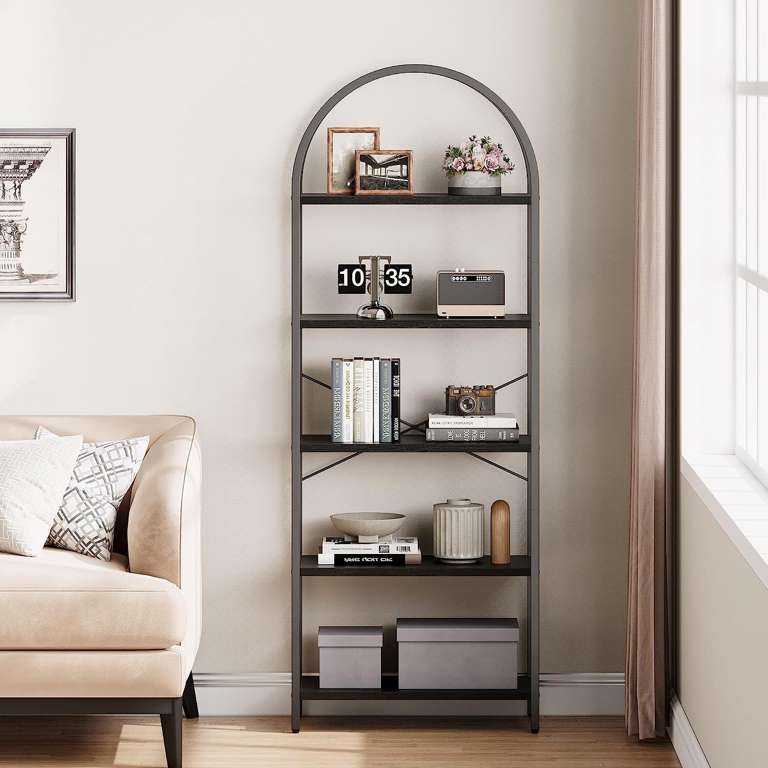 Yesfashion Bookshelf 5 Tier Bookcase Arched Display Racks Tall Standing Bookshelves Mental Frame Open Storage Rack Shelf Large Black Book Shelf for Bedroom, Living Room, Home Office,Black