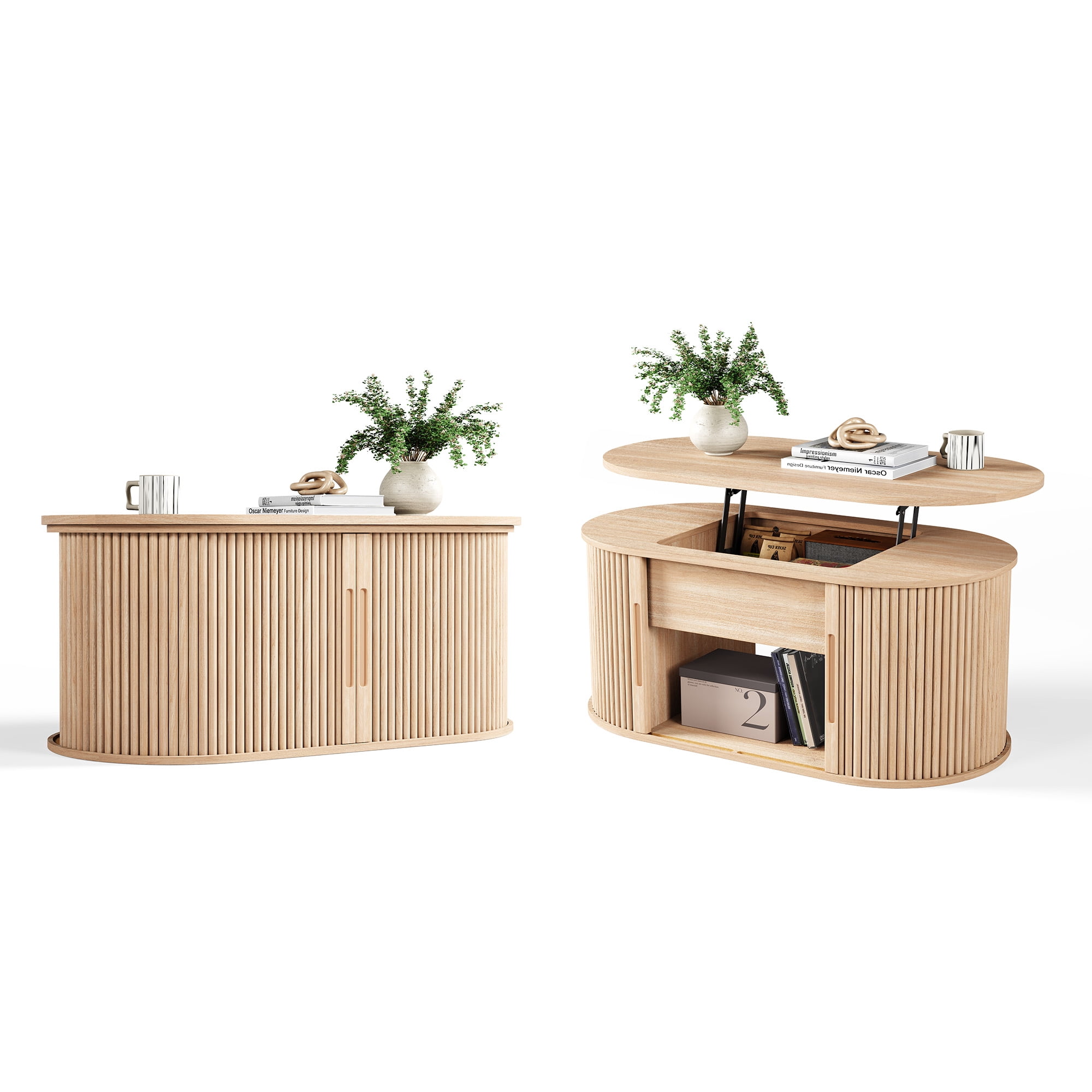 Linsy Home Lift Top Coffee Table with Storage, Fluted Coffee Table for Living Room with Open&Hidden Storage Space, Oak