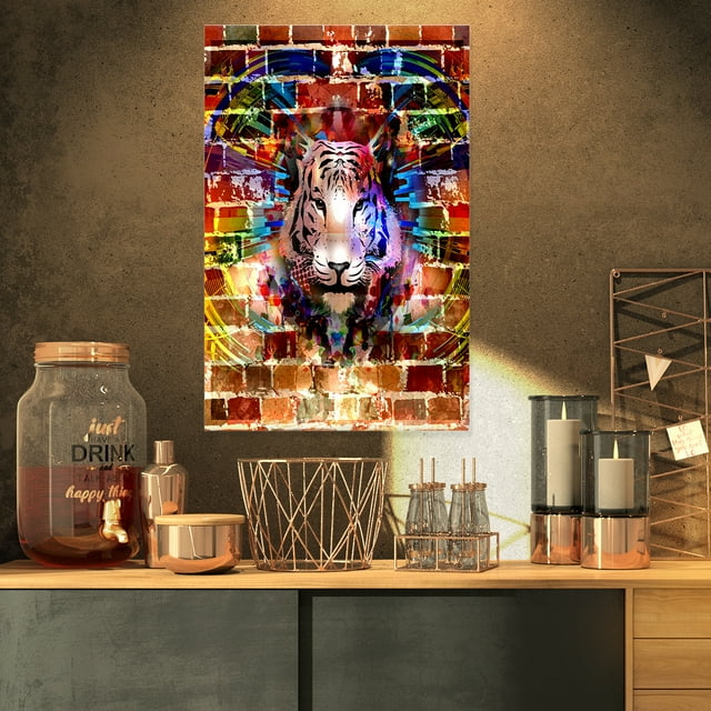 Tiger over Abstract Brick Design - Abstract Wall Art Canvas