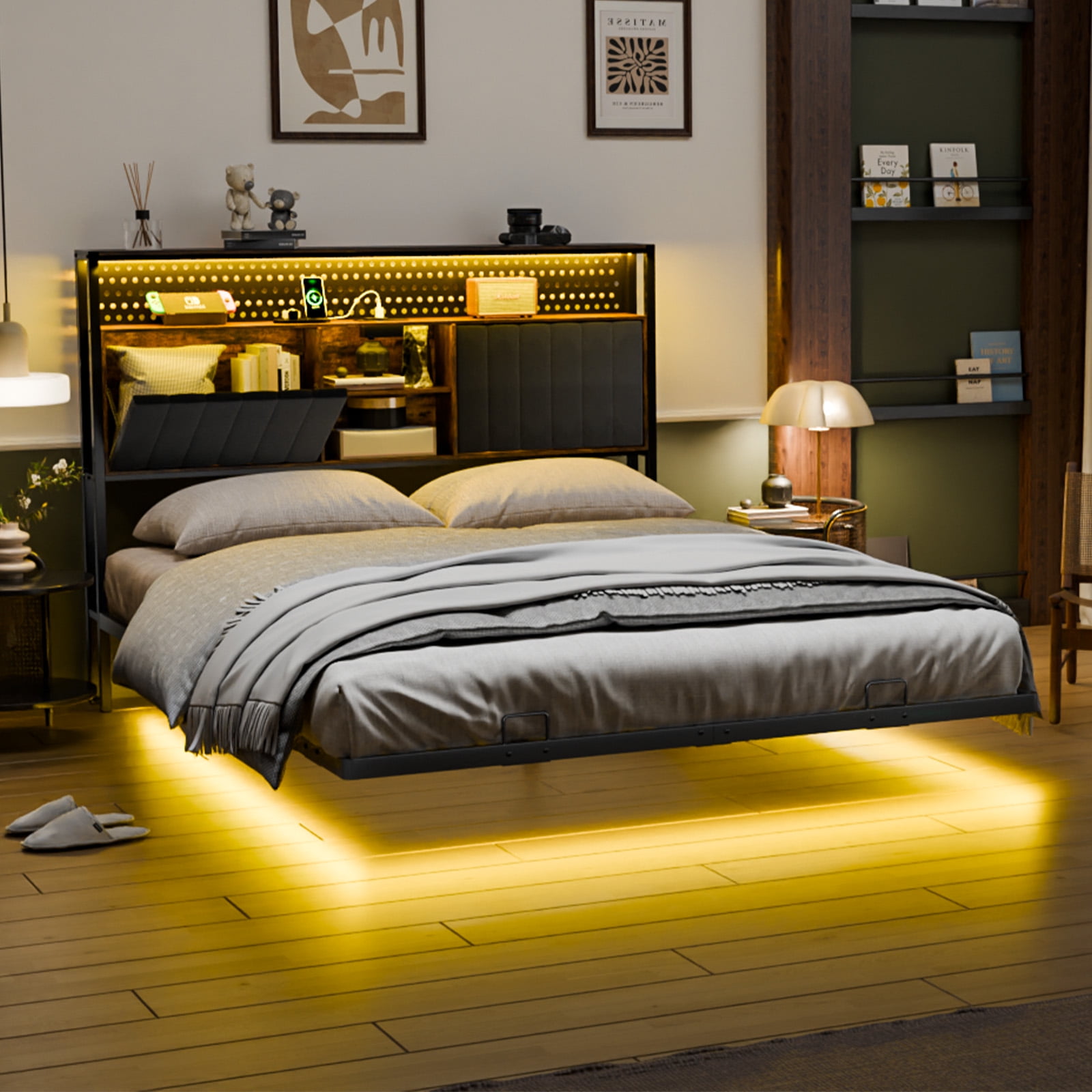 UBesGoo Floating Bed Frame Queen Size with Storage Headboard, Metal Platform Bed with LED and Charging Station for Bedroom, Black