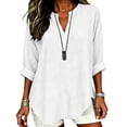 thumbnail image 6 of YVNAURA Womens Cotton Linen Tops Short Sleeve V Neck Blouse Loose Fit Summer Shirts Breathable Casual Top Lightweight Cotton Linen Everyday Essential Tops Beach Vacation Outfit Women, White,L, 6 of 9