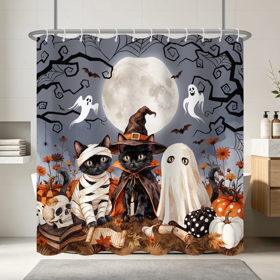 Lfeey Halloween Cute Black Cat Shower Curtain, Waterproof Polyester Fabric Bath Curtain with Hooks, 72"x72"