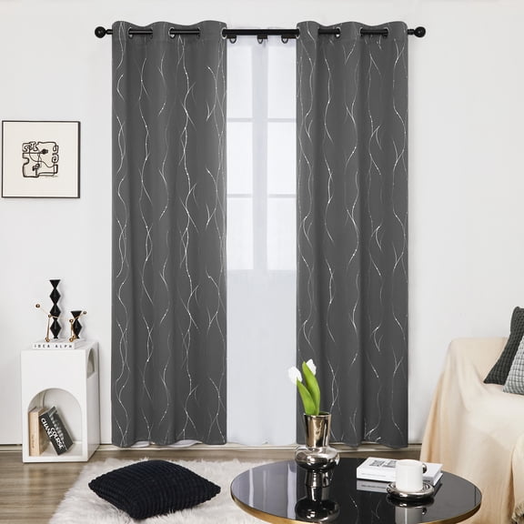 Deconovo Silver Printed Blackout Curtains - 2 Panels, Wave Dots Pattern, Grommet Top, 42"x108", Thermal Insulated Drapes for Bedroom & Living Room, Gray
