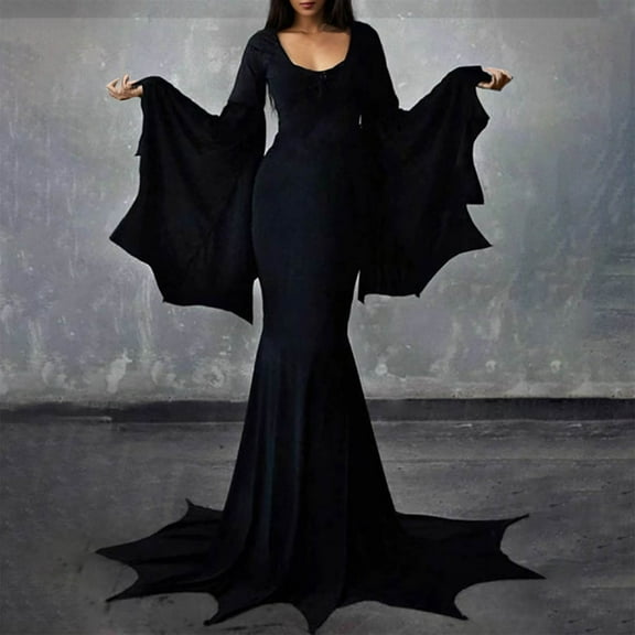 FAOWME Women Halloween Dress Butterfly Sleeve Solid Color Floor-Length Stylish Vintage Dress For Hallowmas Party,Black,L