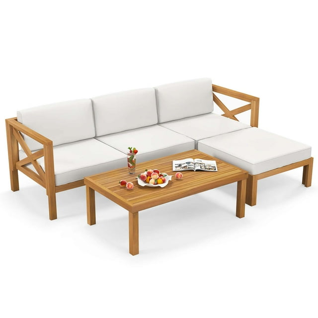 Gymax Ensemble de 5 Meubles de Conversation avec 3 Chaises, 1 Ottoman et 1 Table Basse Blanc