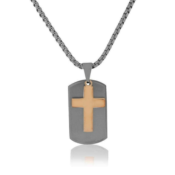 EDFORCE Stainless Steel Black Rose Gold-Tone Dog Tag Mens Cross Pendant Necklace, 20"