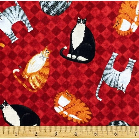 1 Fat Quarter - Fat Cats on Red Diamond Cotton Fabric - 21" X 18"
