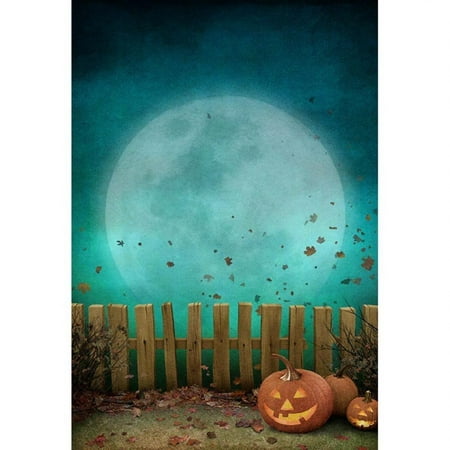 Image of GreenDecor Vintage Halloween Moon Photo Backdrop for Kids Blue Sky Pumpkins Lantern around Wooden Fence Fall Leaves Children Photography Studio Background 5x7ft