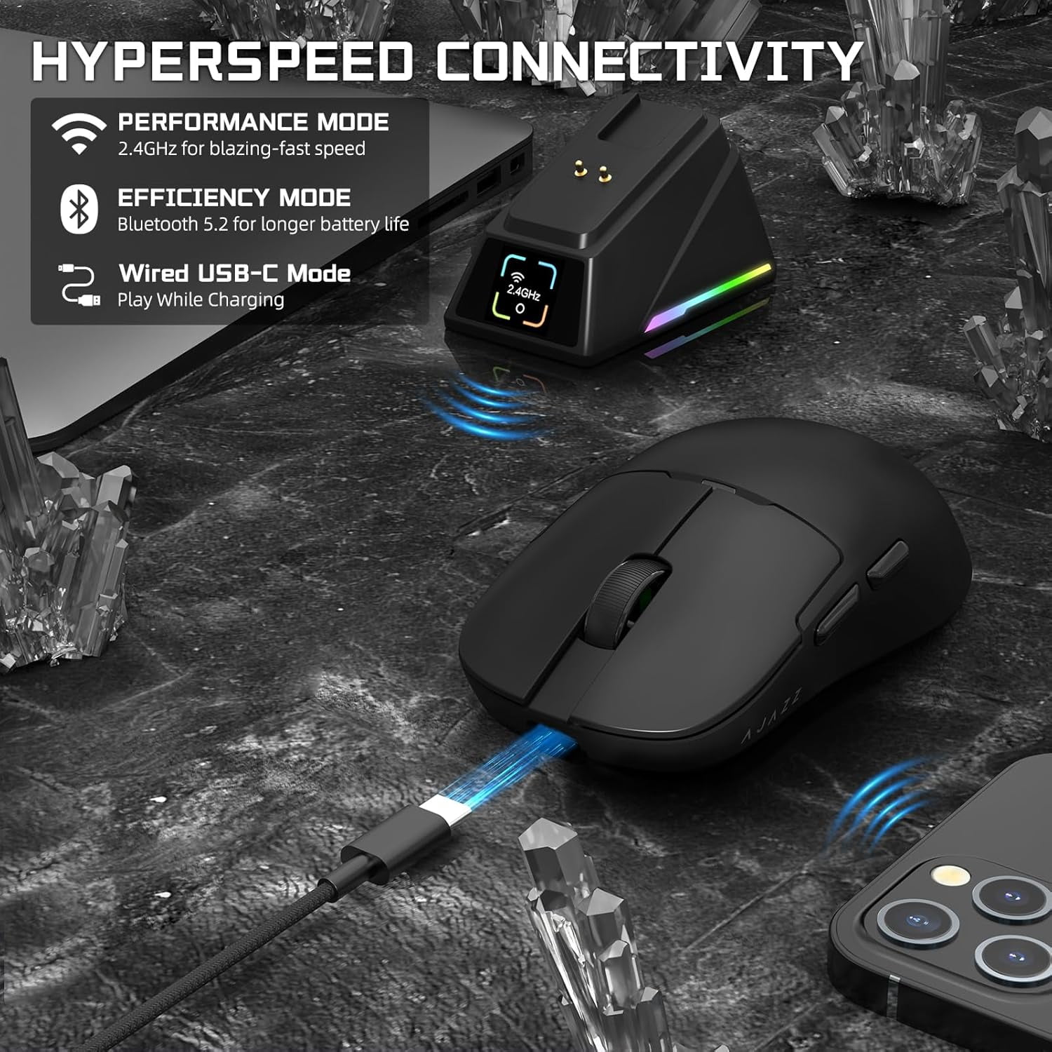 ATTACK SHARK x AJAZZ AJ159 APEX PAW3950 Triple Mode Gaming Mouse 8K with Magnetic Charging Dock with Color Display Bluetooth/2.4G Wireless/Wired-Black