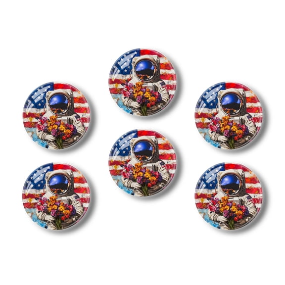 Glass Refrigerator Magnet 6Pcs Magnetic Fridge Sticker,Decor for Kitchen,Whiteboard,Cabinet,Astronaut With Bouquet In Patriotic Landscape