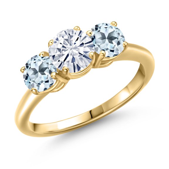 Gem Stone King 18K Yellow Gold Plated Silver White Moissanite and Sky Blue Topaz Engagement Ring for Women | 2.20 Cttw | Round 6MM | Gemstone Birthstone | Size 8