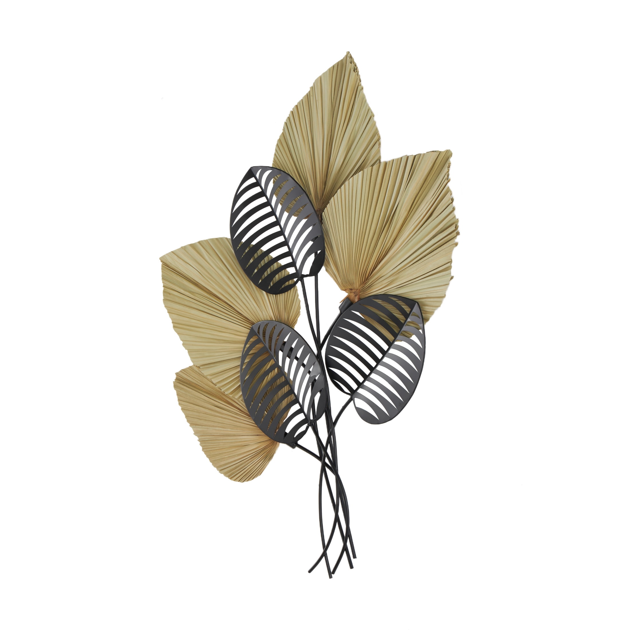 DecMode Brown Rattan Layered Leaf Palm Tree Wall Decor with Black Metal Cutout Leaf Accents