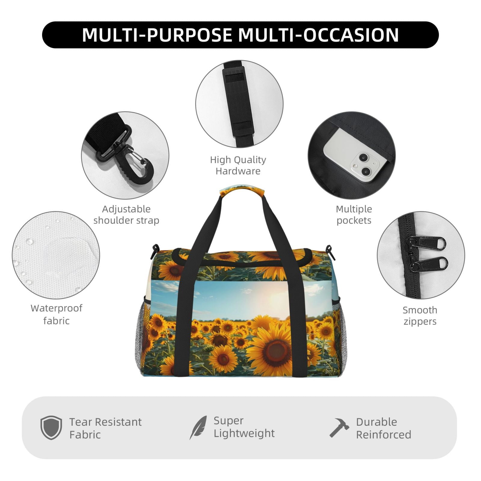 Fuzoiu Sunlit Sunflower Field Print Travel Duffle Bag,Carry On Tote Bags,Duffel Bag,Sport Gym Bag, Hospital Bag for Labor and Delivery, Overnight Bag,Luggage Bag